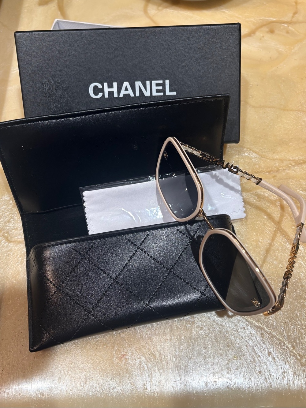 CHANEL Beige Frame Sunglasses with Black Lenses and Chain Temples NEW